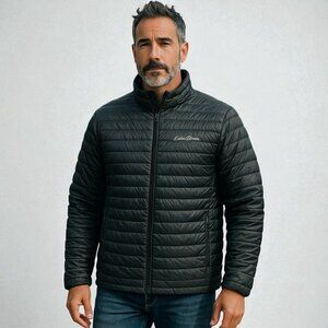 Eddie Bauer Black Down Quilted Puffer Jacket Size Large Lightweight Zip Coat